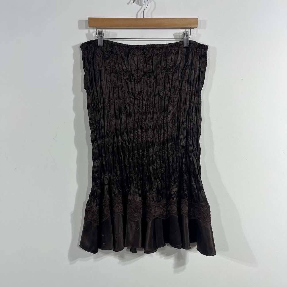 VTG Y2K Robbie Bee Fairy Grunge Brown Crinkle Satin Lace Trim Ruffle Skirt 10